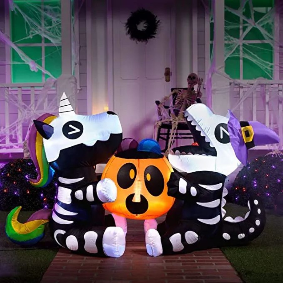 Halloween Inflatables * | Joiedomi 6Ft Sitting Skeleton Unicorn With Dinosaur Halloween Inflatable Halloween Decorations