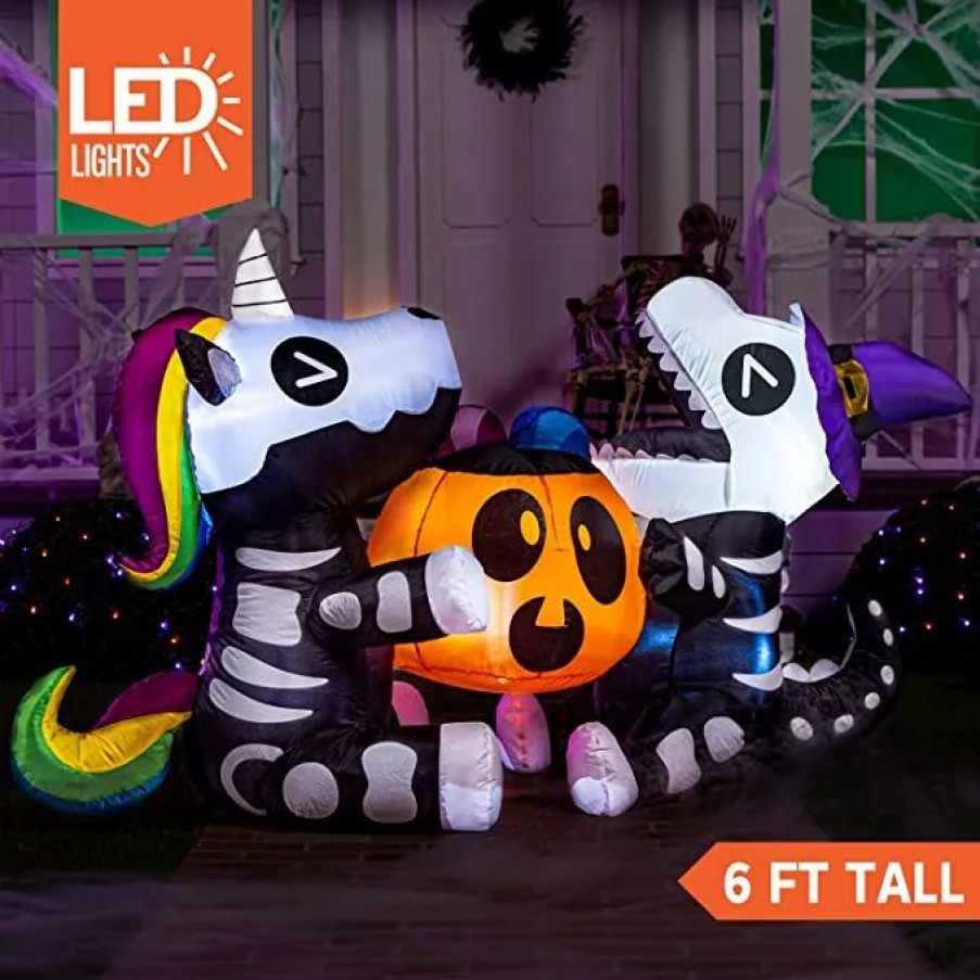 Halloween Inflatables * | Joiedomi 6Ft Sitting Skeleton Unicorn With Dinosaur Halloween Inflatable Halloween Decorations