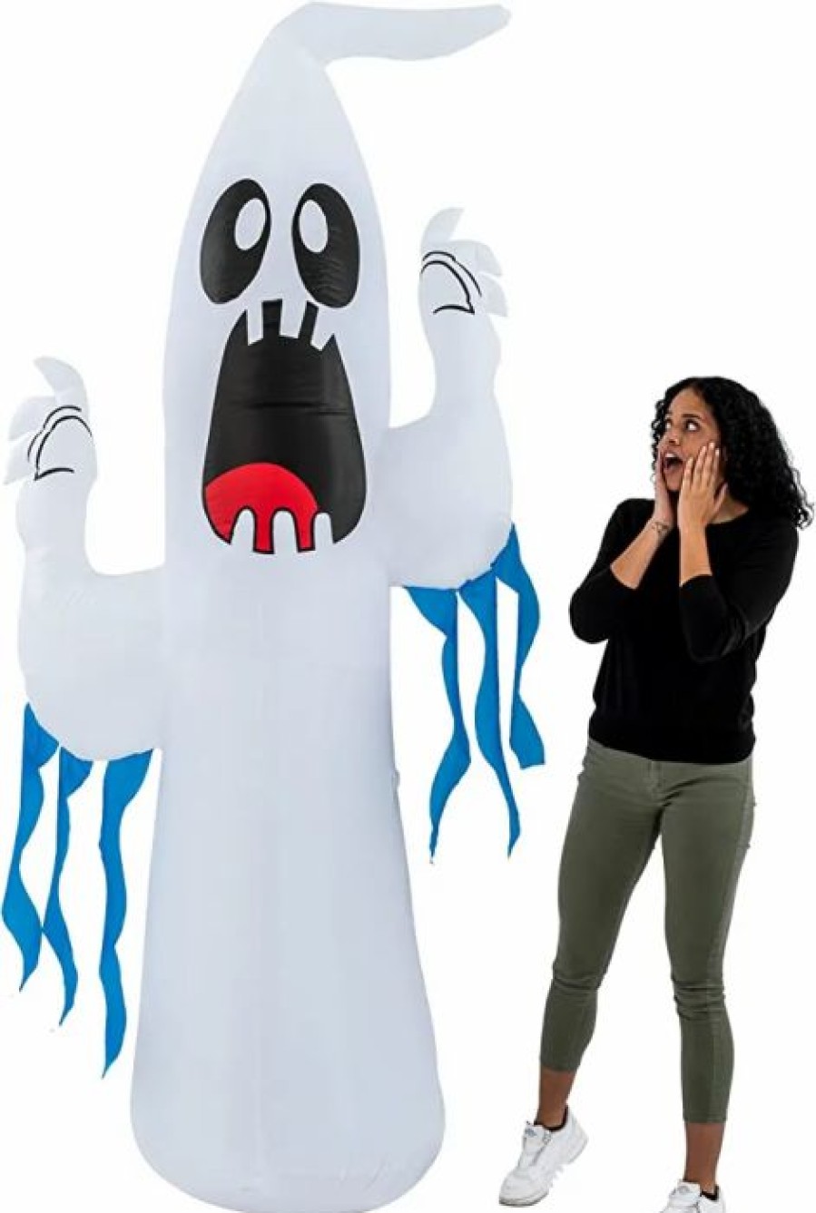 Halloween Inflatables * | Joiedomi 8Ft Halloween Ghost With Ice Light And Blue Ribbon Halloween Decorations