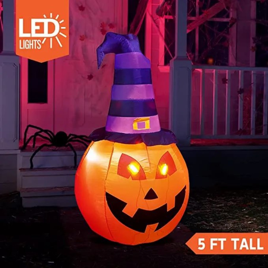 Halloween Inflatables * | Joiedomi 5Ft Inflatable Led Pumpkin With Witch Hat Halloween Decorations