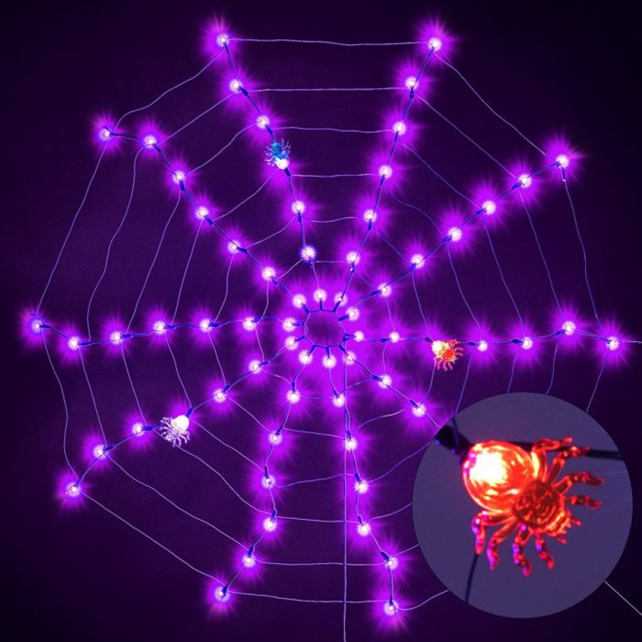 Halloween Lights * | Joiedomi Spider Web Lights With 3 Lighted Spiders (Purple) Halloween Decorations