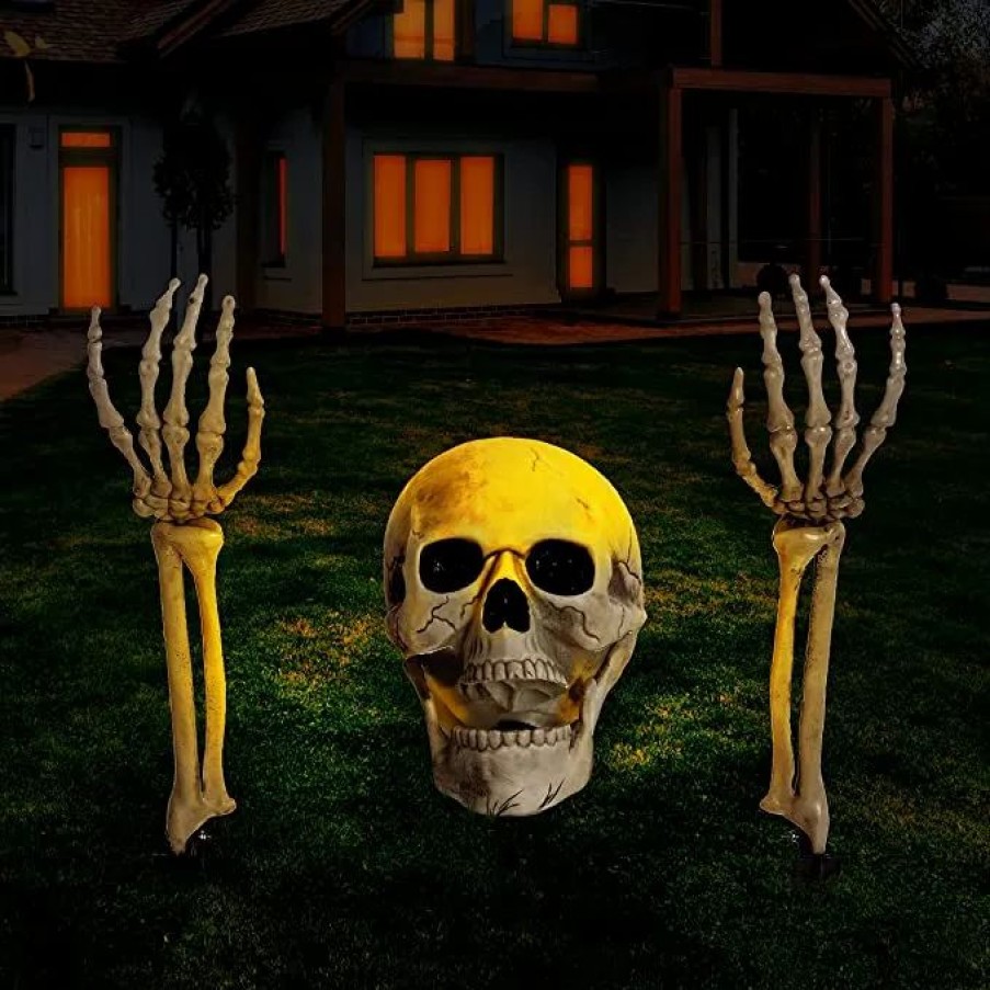 Halloween Outdoor Decor * | Joyin 3Pcs Lighted Skull And Skeleton Arms Groundbreaker Stakes (Green Light) Halloween Decorations