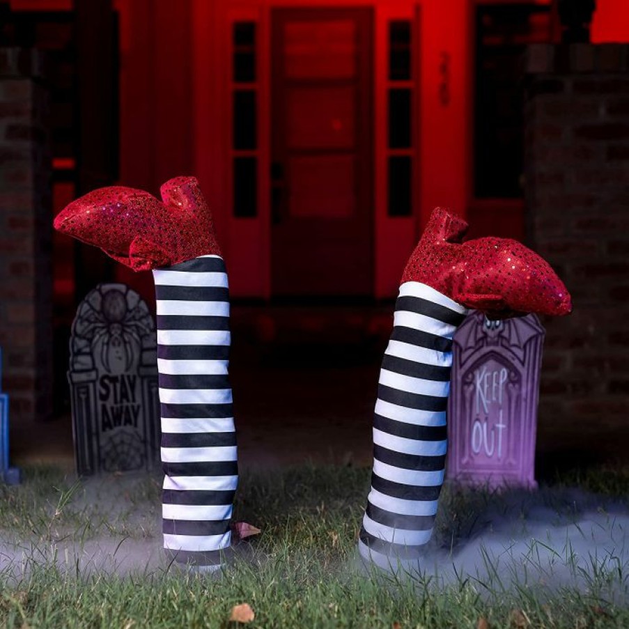 Halloween Outdoor Decor * | Joyin 2Pcs Witch Legs With Stakes (Red Shoes & Black And White Stripe), Halloween Decorations