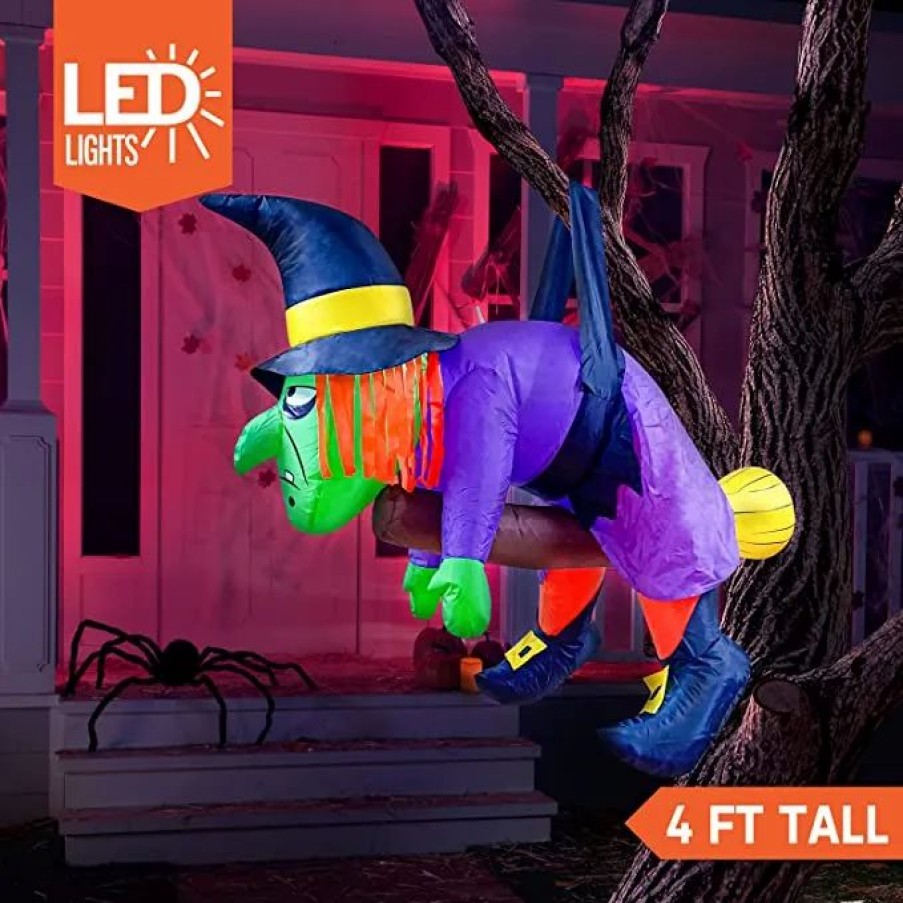 Halloween Inflatables * | Joiedomi 4Ft Halloween Inflatable Witch Hanging On Branch Halloween Decorations