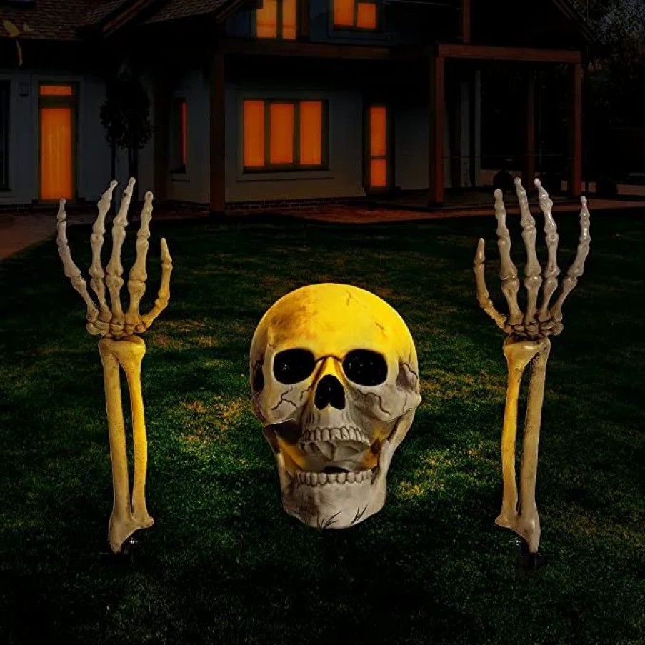 Halloween Outdoor Decor * | Joyin 3Pcs Lighted Skull And Skeleton Arms Stakes (Warm Light) Halloween Decorations