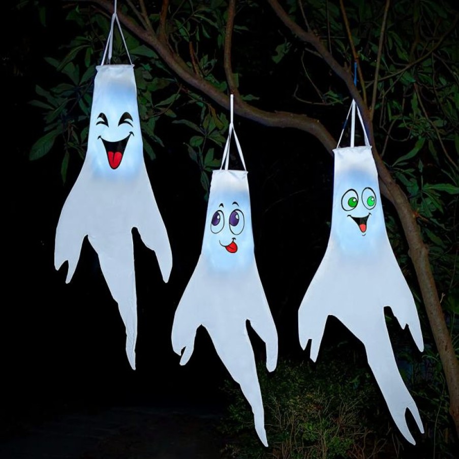 Hanging Decorations * | Joyin 3 Pcs Lighted White Ghost Windsock Cute Colorful Face Halloween Decorations