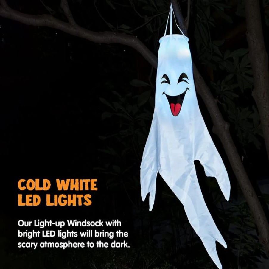 Hanging Decorations * | Joyin 3 Pcs Lighted White Ghost Windsock Cute Colorful Face Halloween Decorations