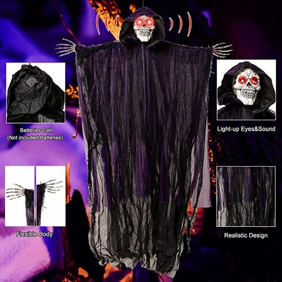 Hanging Decorations * | Joyin 2Pcs Hanging Grim Reaper With Glowing Eyes Halloween Decorations