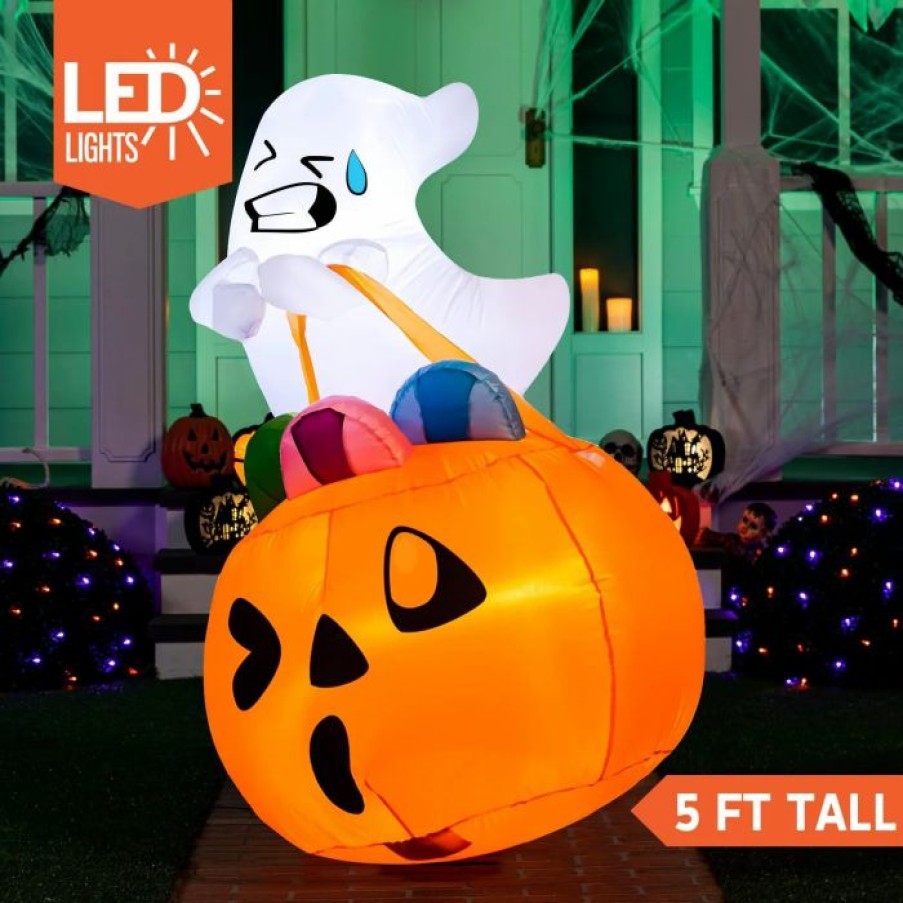 Halloween Inflatables * | Joiedomi 5Ft Inflatable Led Ghost Lift Pumpkin Candy Bag Halloween Decorations