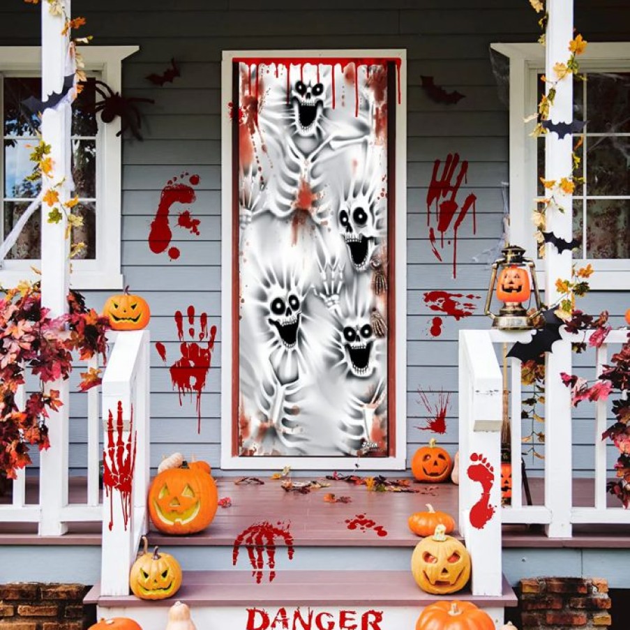 Halloween Indoor Decor * | Joyin 2Pcs Skeleton Door Cover+Bloody Window Stickers Halloween Decorations