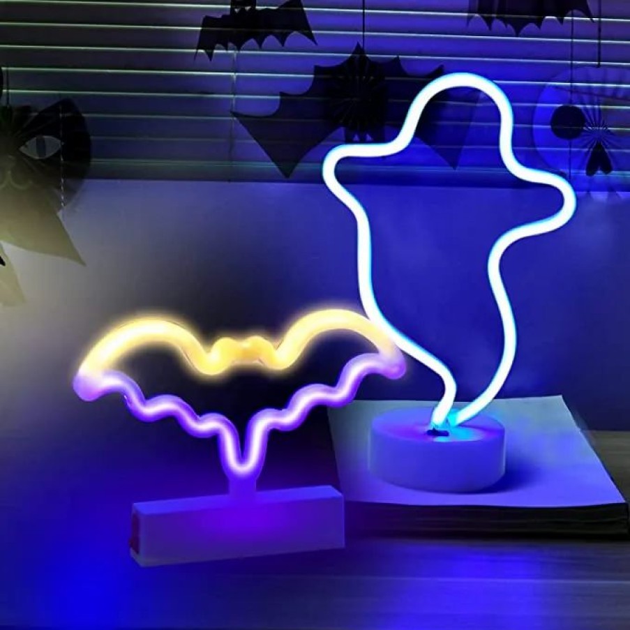 Halloween Lights * | Joyin 2Pcs Led Ghost & Bat Neon Table Lamp Set Halloween Decorations