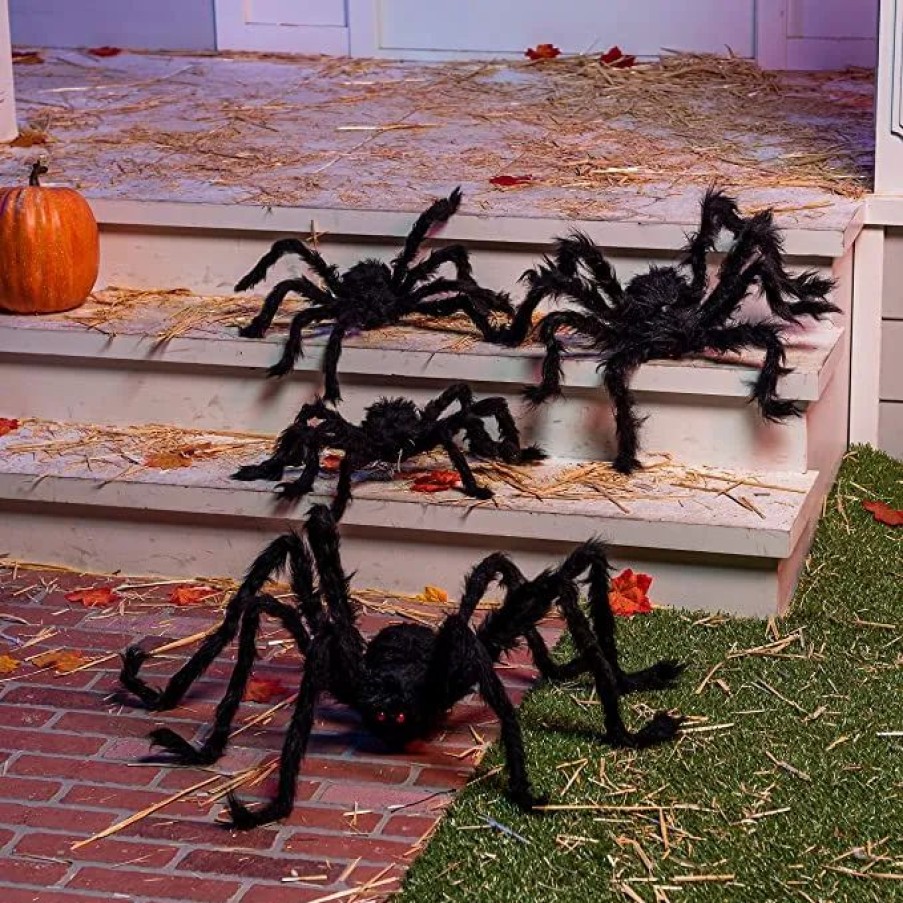 Halloween Outdoor Decor * | Joyin 4Pcshalloween Black Hairy Spiders(47In, 30In, 24In, 24In) Halloween Decorations