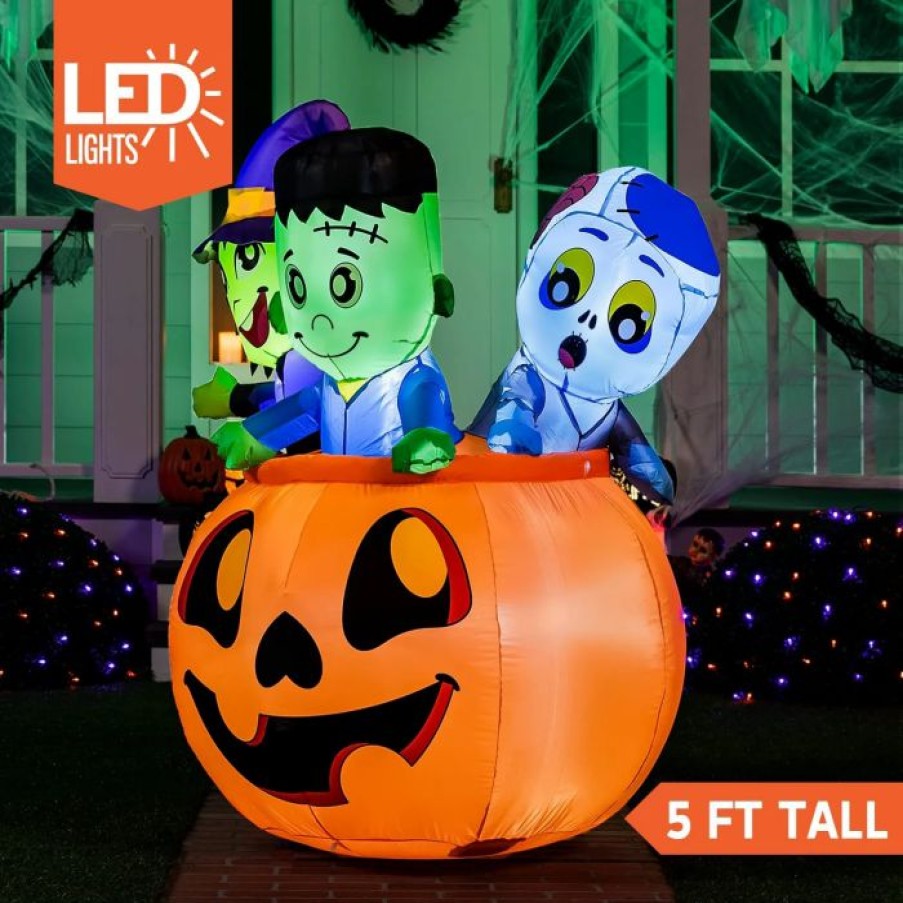 Halloween Inflatables * | Joiedomi 5Ft Tall Three Characters On Pumpkin Inflatable Halloween Decorations