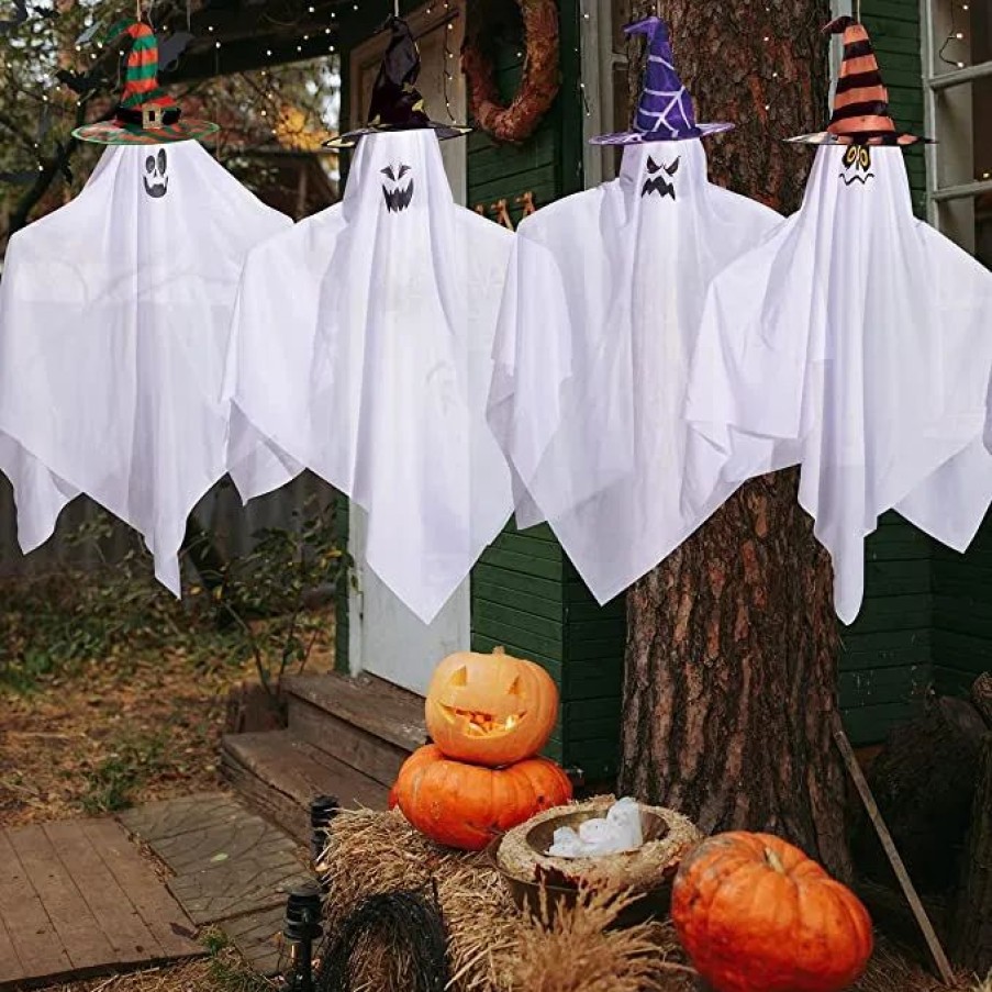 Hanging Decorations * | Joyin 4Pcs Hanging Ghost With Hat With Color Face 27.5In Halloween Decorations