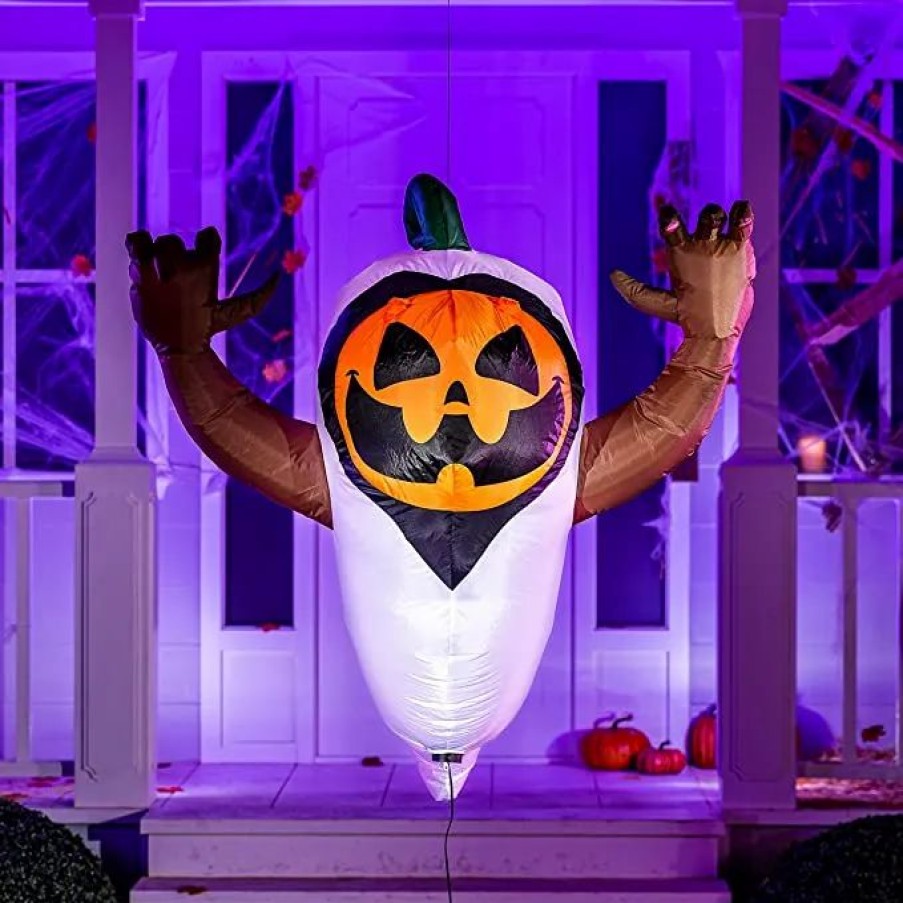 Halloween Inflatables * | Joiedomi 4Ft Halloween Inflatable Pumpkin In A Ghost Costume Halloween Decorations