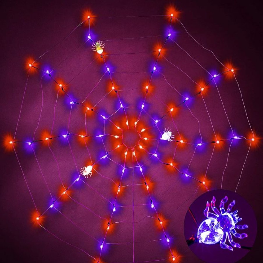 Halloween Lights * | Joiedomi Spider Web Lights With 3 Lighted Spiders (Orange & Purple) Halloween Decorations