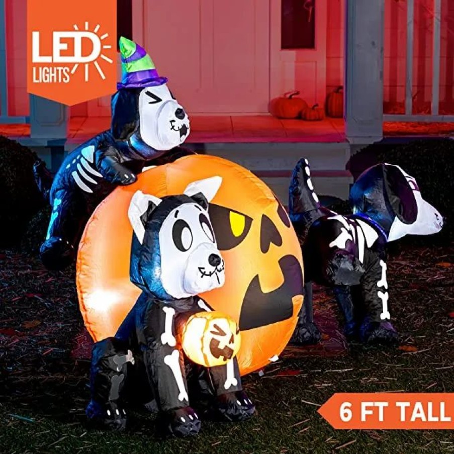 Halloween Inflatables * | Joiedomi 6Ft Halloween Skeleton Dog With Pumpkin Set Halloween Decorations