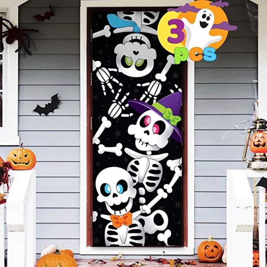 Halloween Indoor Decor * | Joyin 3Pcs Cute Skeleton Family Door Cover 3D 30In X 72In Halloween Decorations