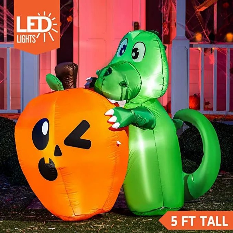 Halloween Inflatables * | Joiedomi 5Ft Halloween Dinosaur Sitting On Pumpkin Inflatable Halloween Decorations