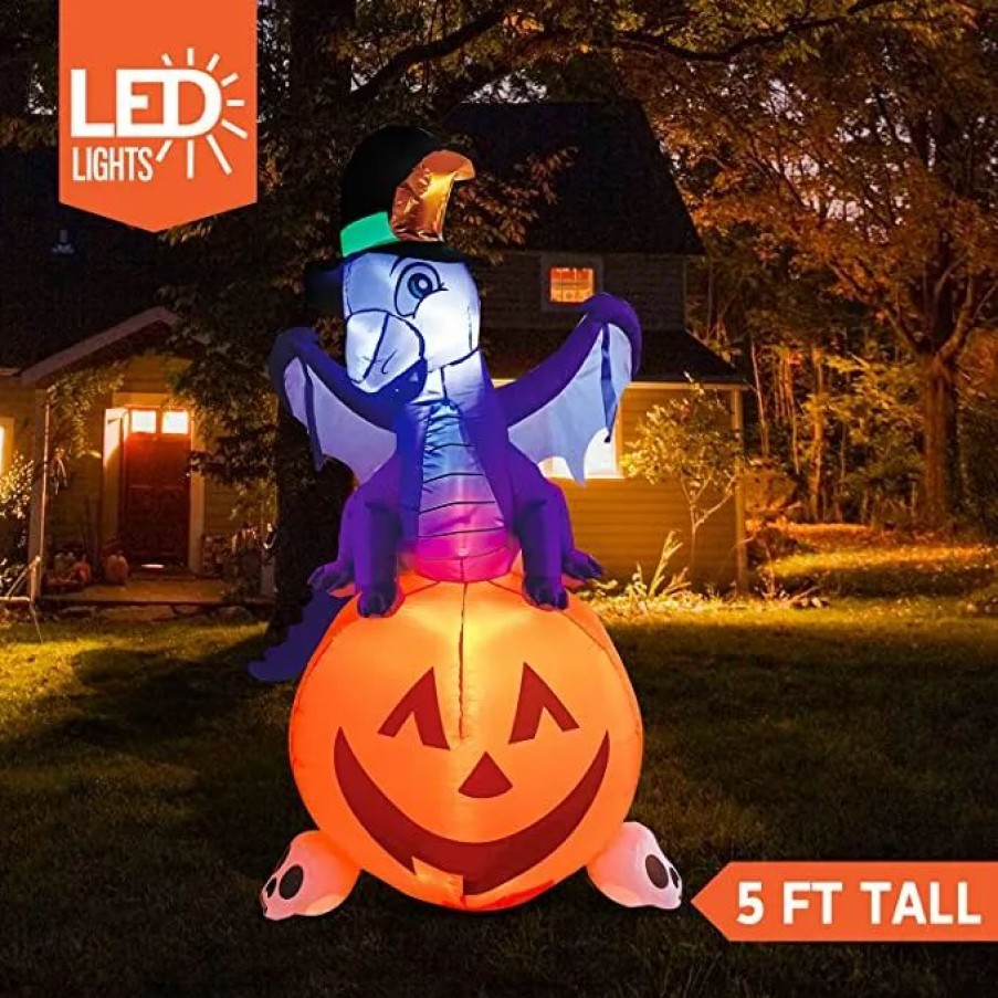 Halloween Inflatables * | Joiedomi 5Ft Tall Dragon On Pumpkin Inflatable Halloween Decorations