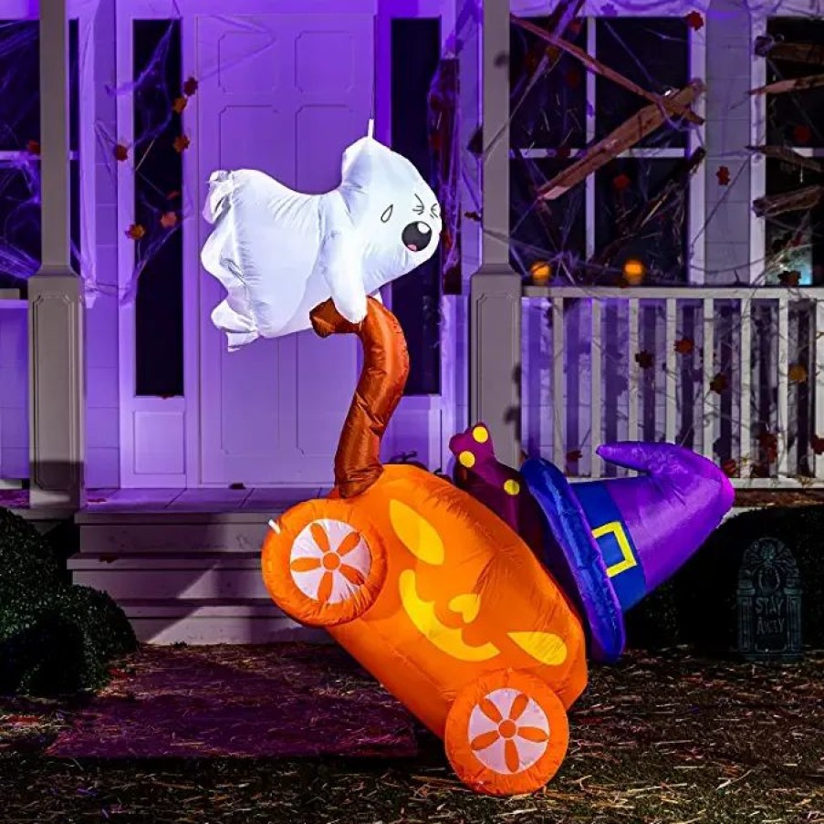 Halloween Inflatables * | Joiedomi 7Ft Halloween Pumpkin Carriage With Witch Hat & Hanging Ghost Halloween Decorations