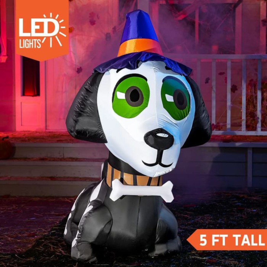 Halloween Inflatables * | Joiedomi 5Ft Witch Hat Skeleton Dog Halloween Decorations