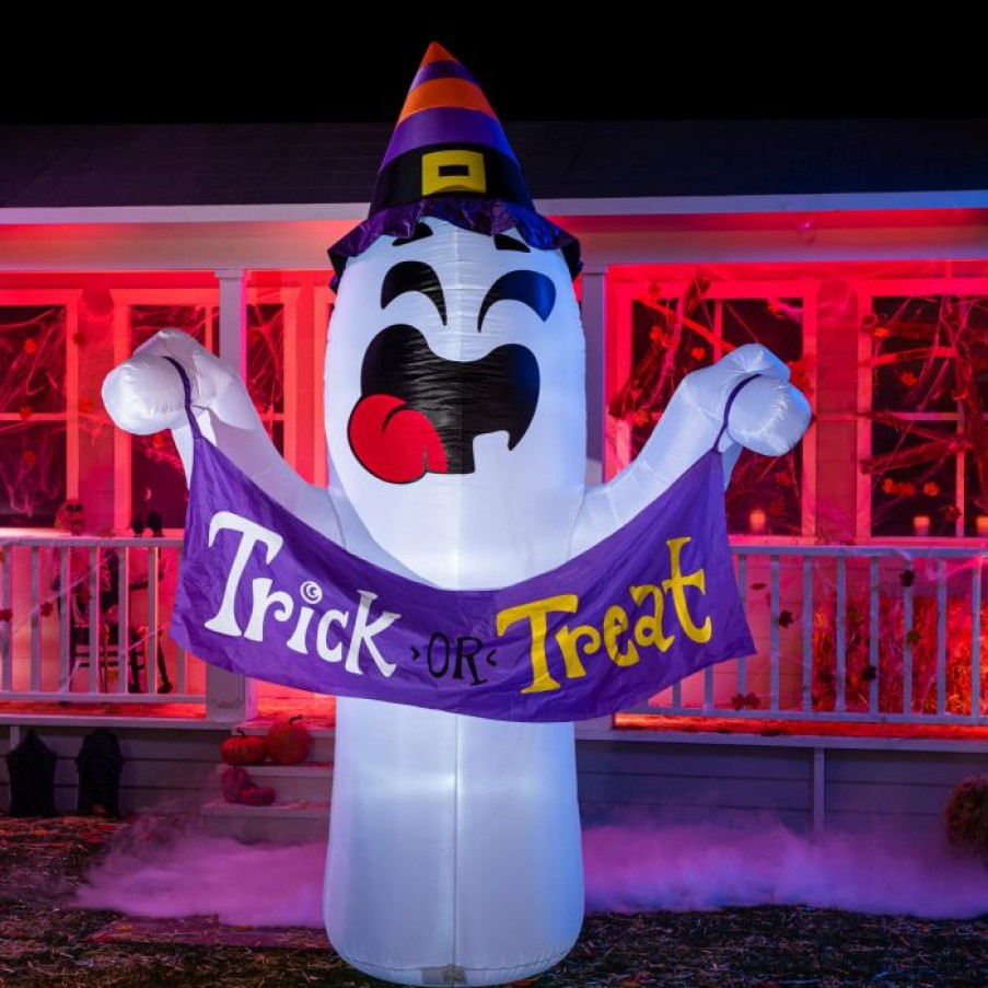 Halloween Inflatables * | Joiedomi 10Ft Halloween Cute Ghost With Trick Or Treat Banner And Witch Hat Halloween Decorations