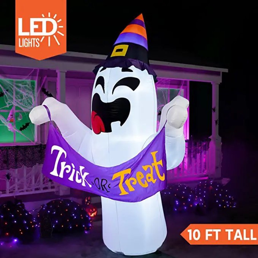 Halloween Inflatables * | Joiedomi 10Ft Halloween Cute Ghost With Trick Or Treat Banner And Witch Hat Halloween Decorations