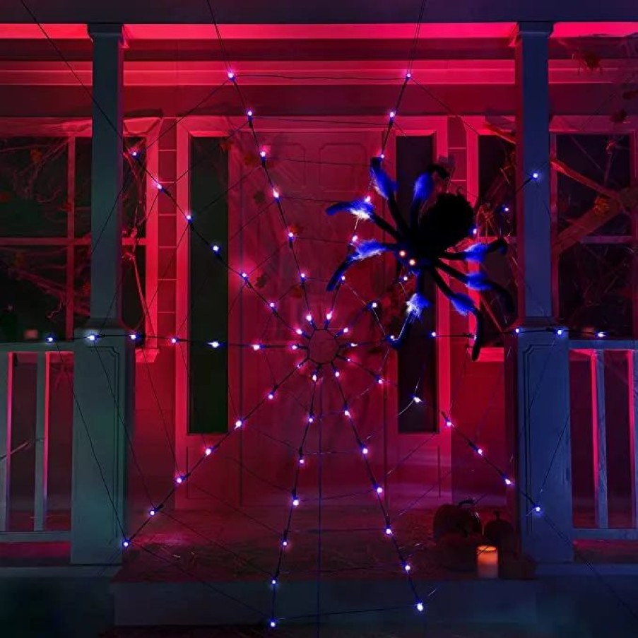 Halloween Lights * | Joiedomi Purple Spider Web Light Led With Hairy Spider Halloween Decorations