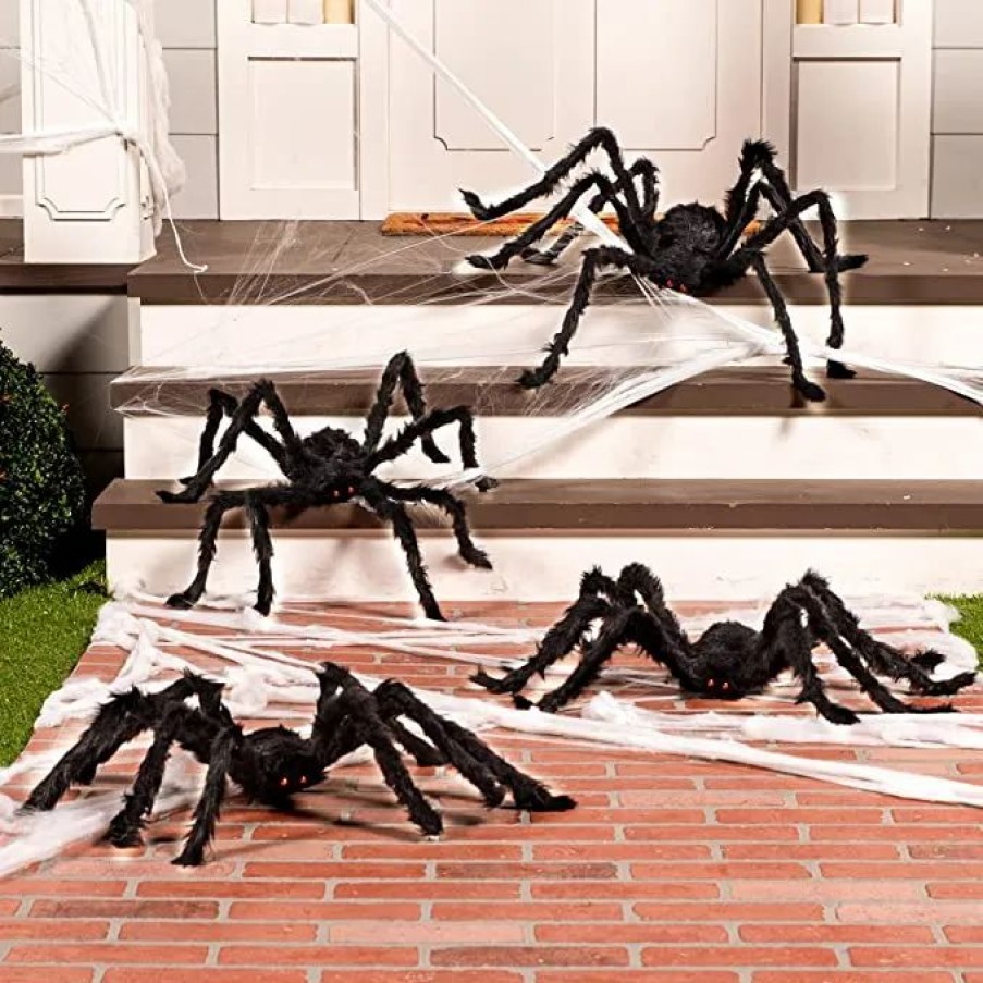 Halloween Outdoor Decor * | Joyin 4Pcs Black Hairy Spiders Halloween Decorations