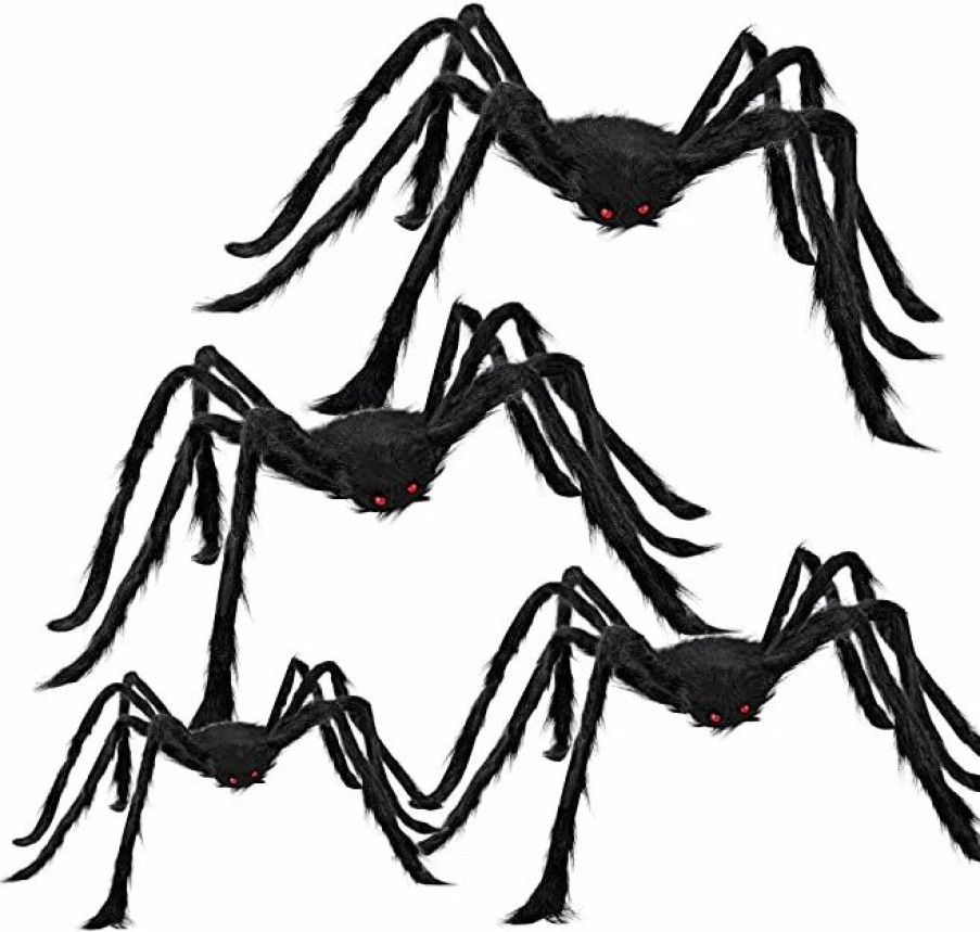 Halloween Outdoor Decor * | Joyin 4Pcs Black Hairy Spiders Halloween Decorations