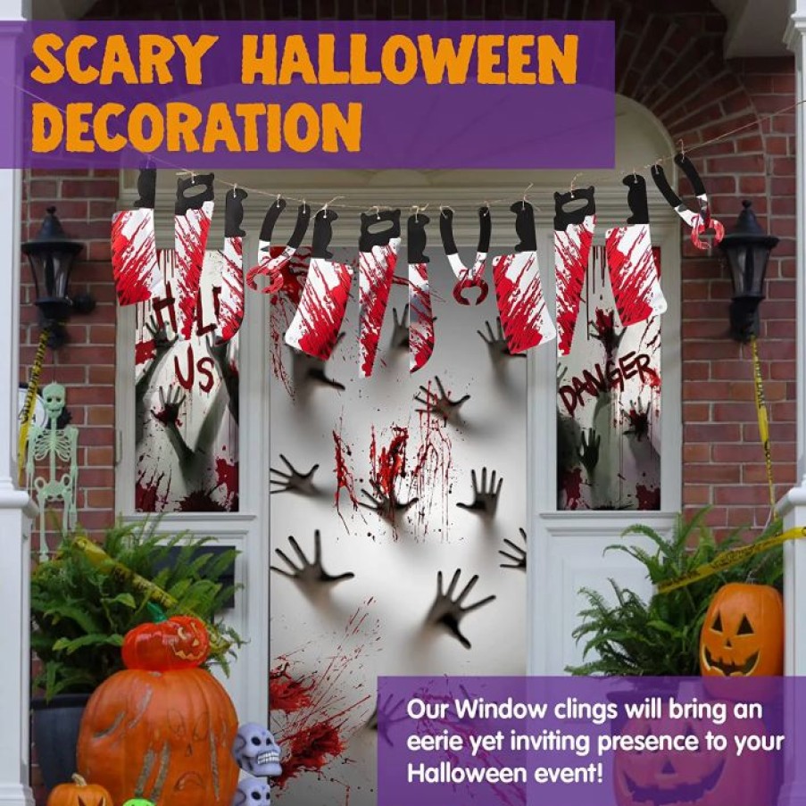 Halloween Indoor Decor * | Joyin Zombie Hand Door Cover+2 Widow Covers+Weapon Garland+Window Stickers 11*14In Halloween Decorations